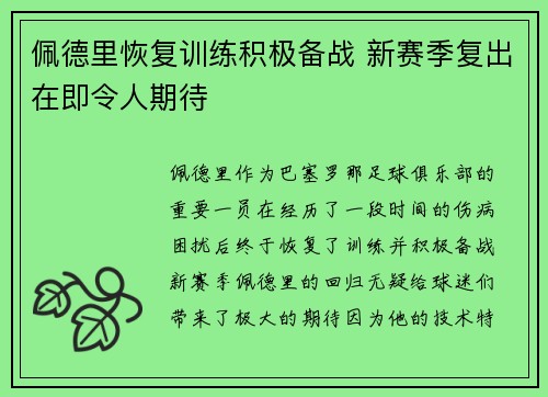 佩德里恢复训练积极备战 新赛季复出在即令人期待 佩德里恢复训练积极备战 新赛季复出在即令人期待